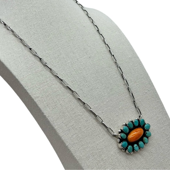 925 Sterling Silver Natural Spiny Oyster & Kingman Turquoise Cluster Necklace - Picture 2 of 7